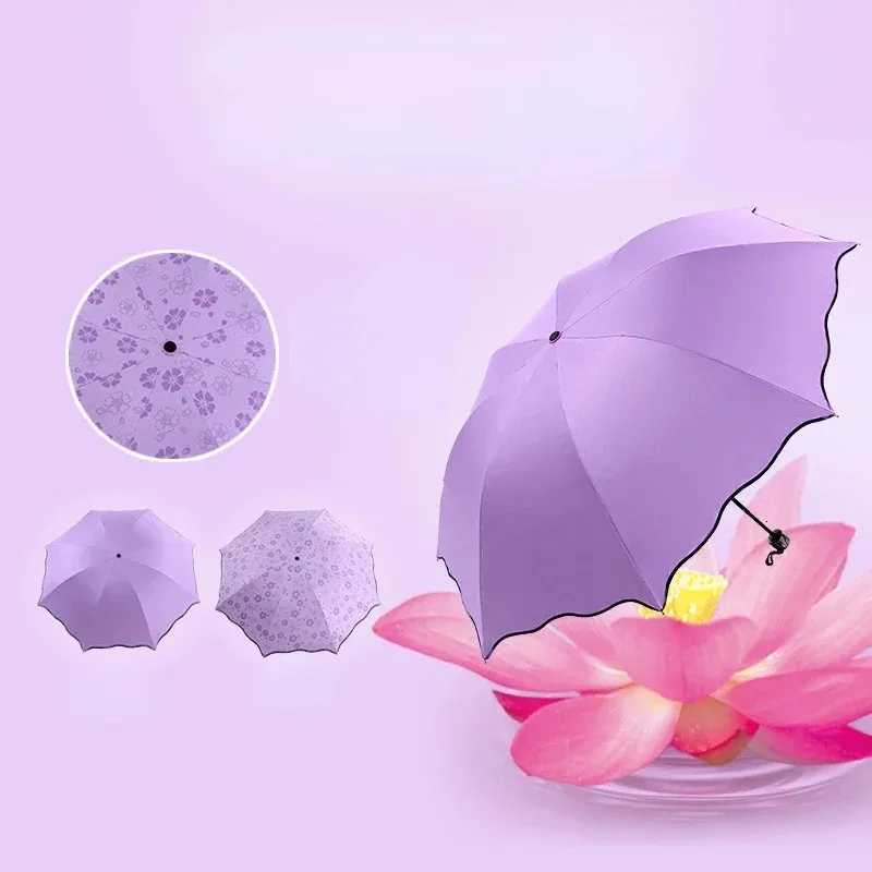 Encountering Water Flowering Umbrellas Handheld Parasol Frame Rain Travel Umbrella 3 Fold UV Protect Color Changing UmbrellaM251122