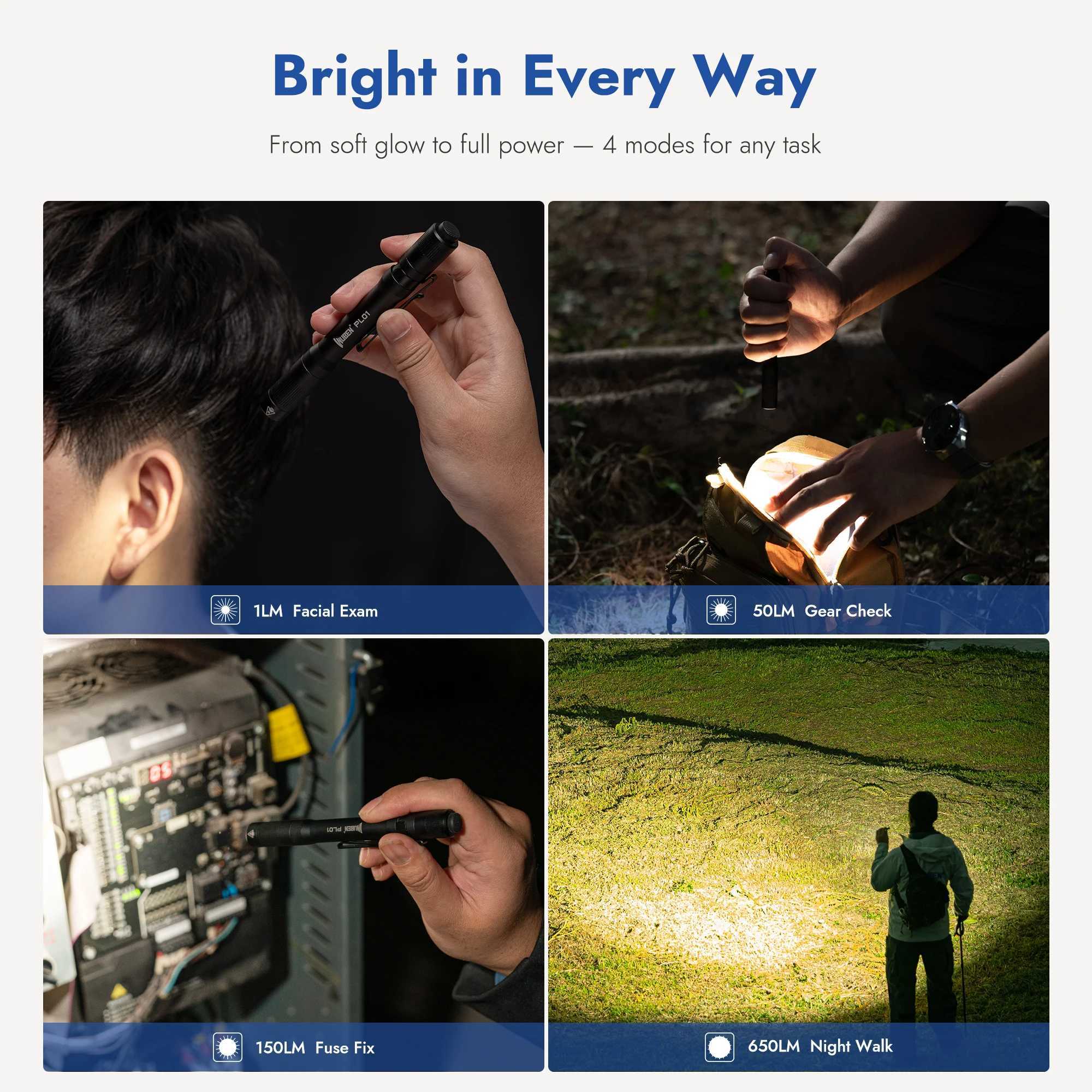 WUBEN PL01 Pen Light 650 Lumens Pocket EDC Flashlight Rechargeable IP68 waterproof Compatible 2 AAA Battery for Home Outdoor C251122