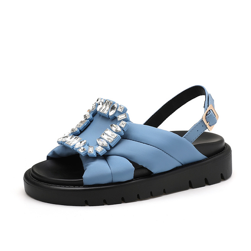 designer shoes New style women's flat sandals with diamond square buckle platform sole genuine leather fashionable Japanese and Korean trendy wom