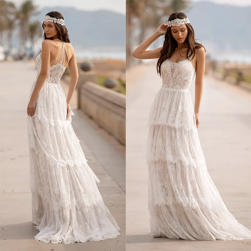 Boho Lace Wedding Dress 2026 Bridal Gown A-line Halter Straps Back Tiered Summer Vestidos De Noiva Custom Made ZA4068