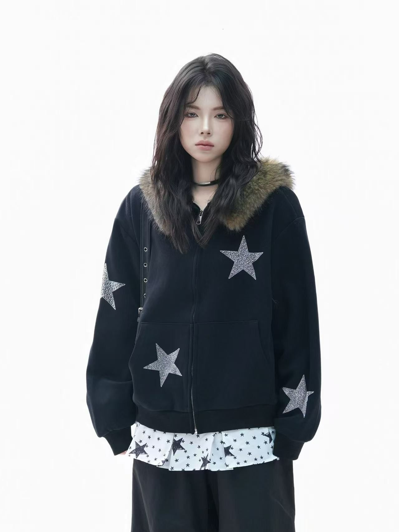 American Designer Retro Fur-Collar Star Print Hooded Jacket Women's Streetwear Trendy Niche Versatile Sweater Hoodie Faux Fur Coat