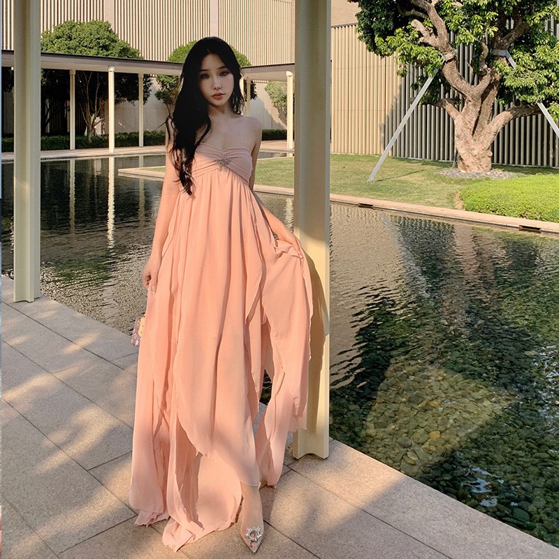 Designer Casual Dresses Elegant Sweet Style dress Summer Halterneck Strapless Chiffon Floor-length Backless Asymmetrical Elastic Waist Dress for Party