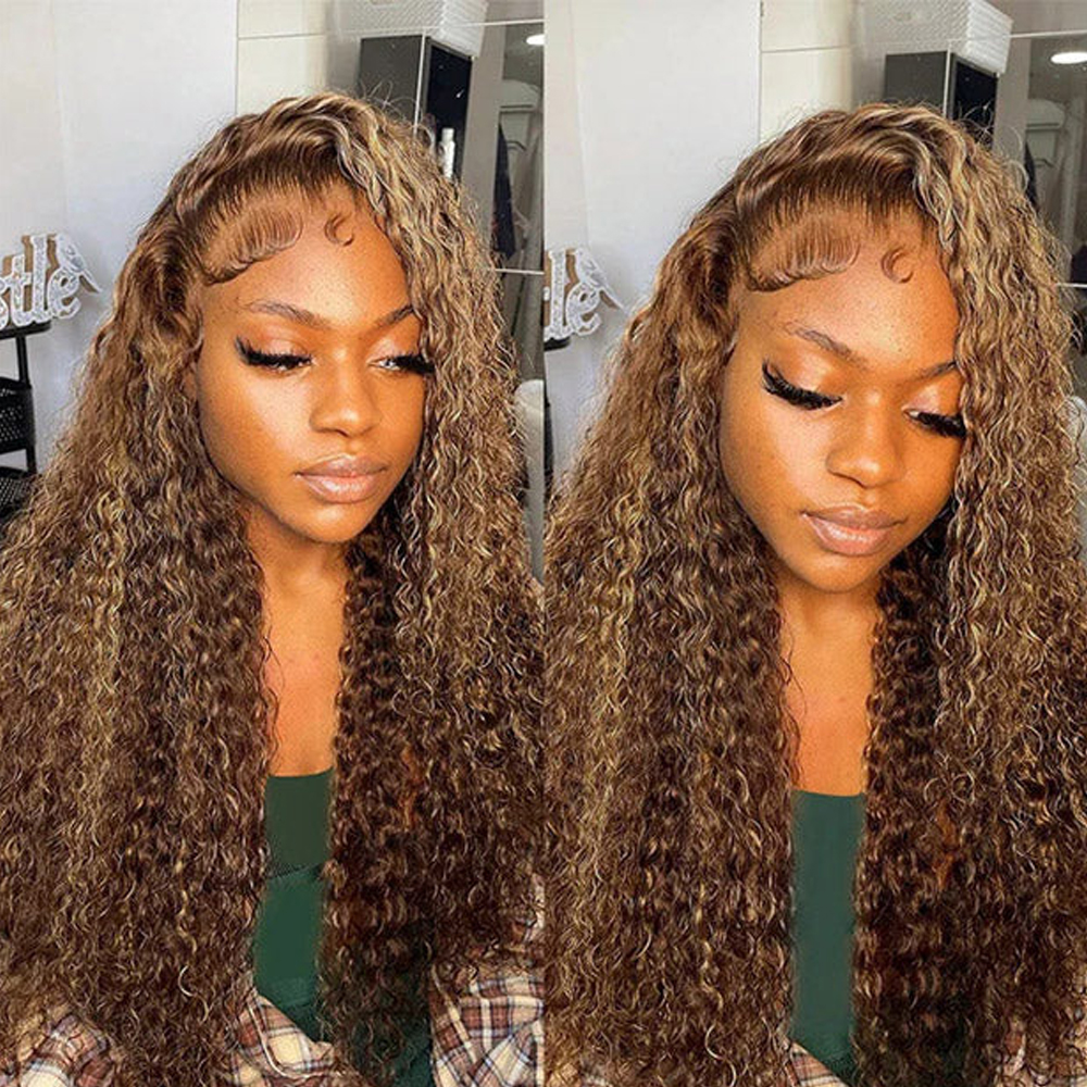 Invisible Strap 360 Full Lace Front Wig Honey Blonde Highlight Deep Curly 360 HD Frontal Wig Deep Wave Glueless Wig Human Hair