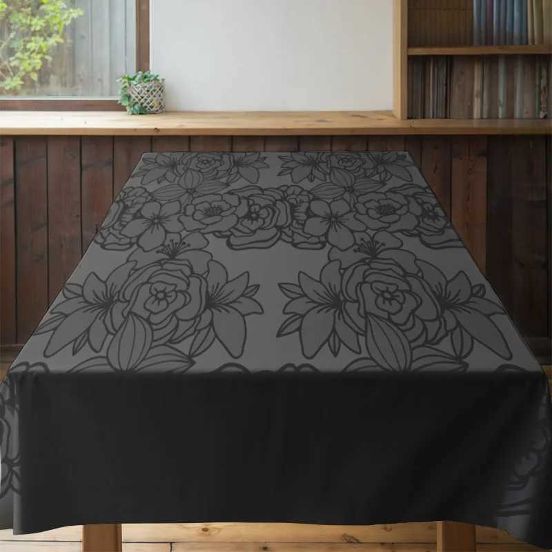 Modern Floral Tablecloth with Black Decorative Print Suitable for Dining Tables in a Contemporary Home Setting C251122