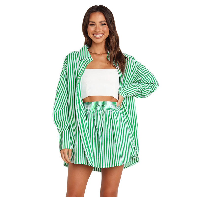 Women Tracksuits Two Pieces Set Spring Summer Temperament Commuter Casual Pants Set Fashion Shirt Stripe Long Sleeve Split Sportwear