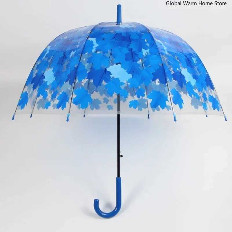 New Long Handle Transparent Mini Umbrella Clear Baking Paint Originality Summer Green Autumn Maple Leaves Creative Kids UmbrellaM251122