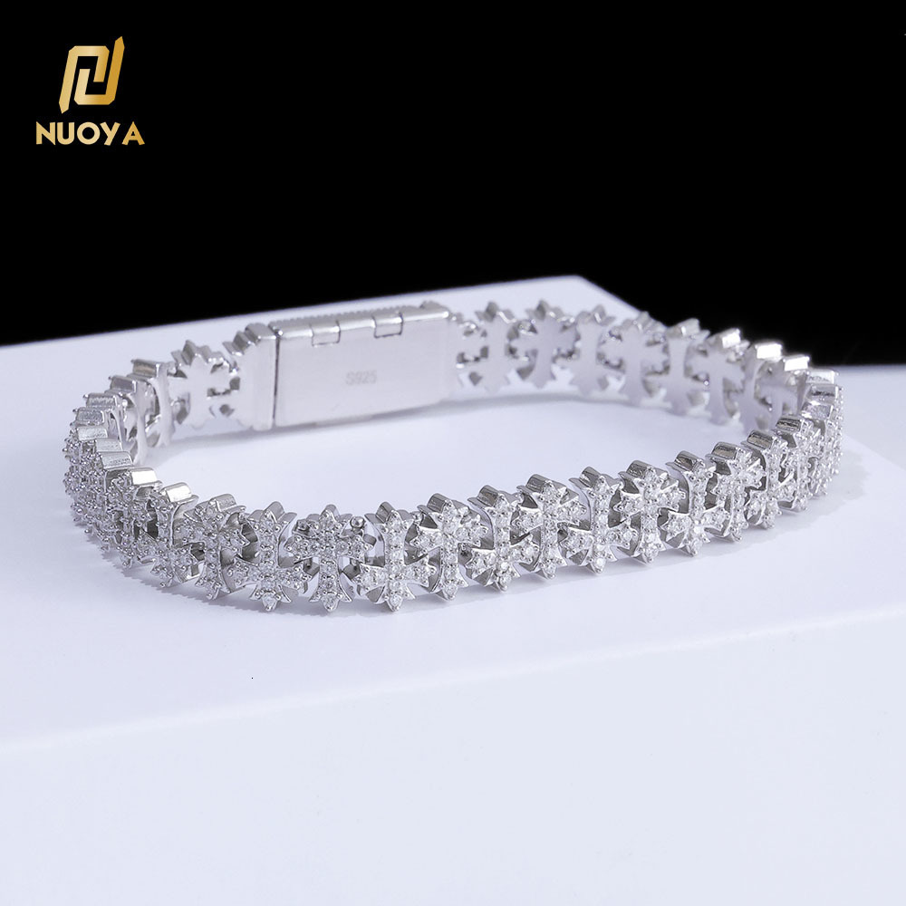 NUOYA 8mm 925 Silver Cross Chain VVS Moissanite Cuban Chain Rap Hip Hop Diamond Necklace Mens and Womens Rock Jewelry