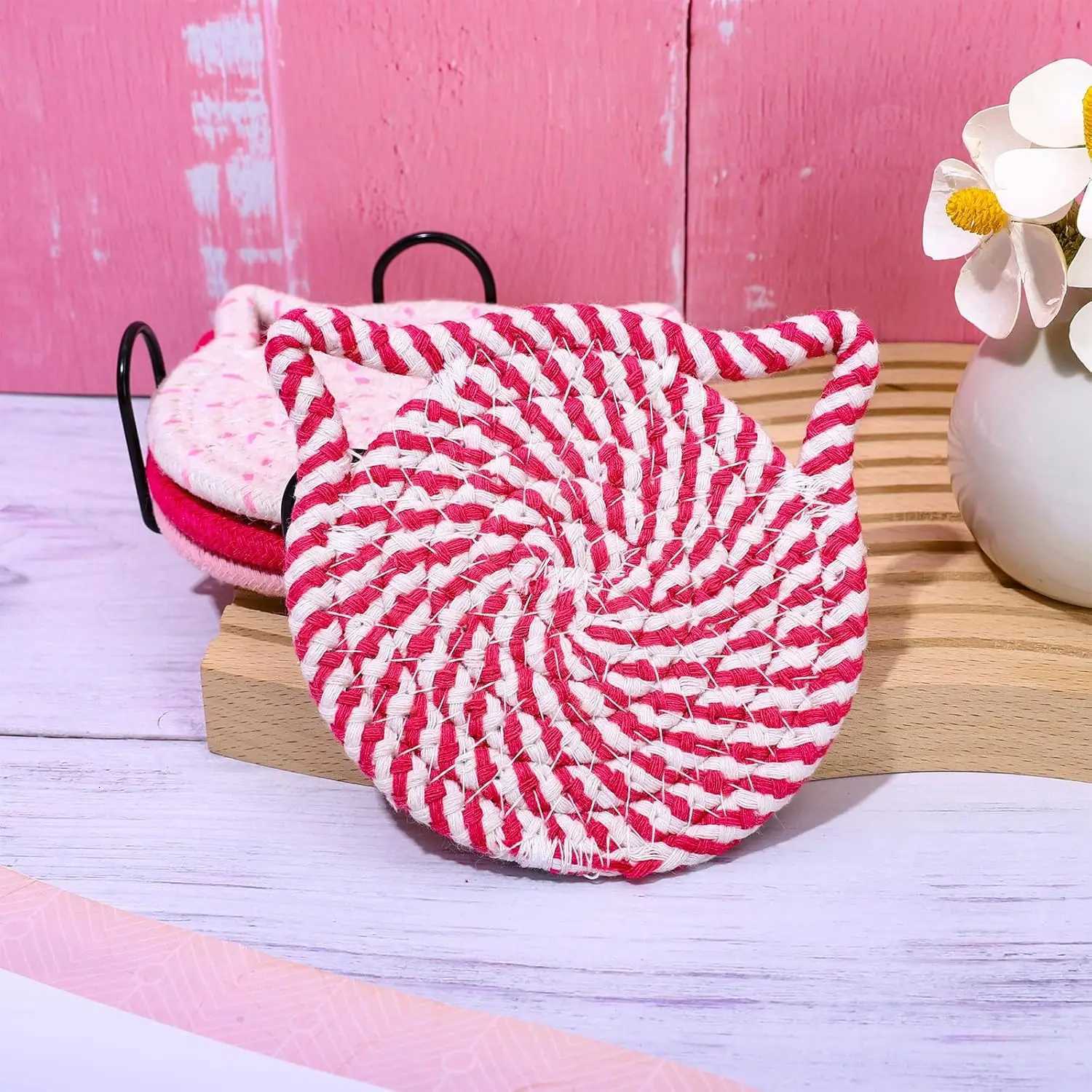 4pcs/set Cat Ear Coasters Set Brown White Handmade Braided Cotton Coasters Non-Slip Absorbent Drink Coaster with Holder C251122