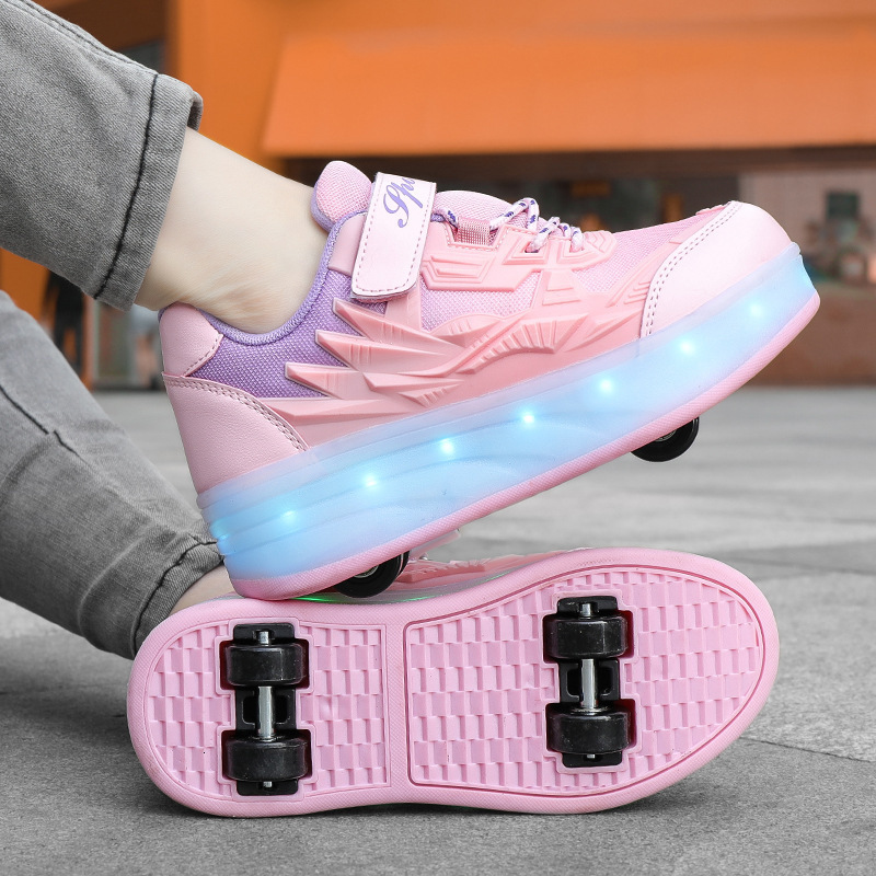 Four wheeled high heels with luminous shoelaces that can be charged with electric lights, fashionable trendy shoes, fashionable casual children's