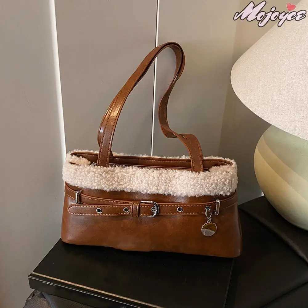 Women PU Lambswool StiTChing Shoulder Bag with Belt Vintage Small SaTChel Tote Bag Daily Underarm Pouch Travel Handbag K251121