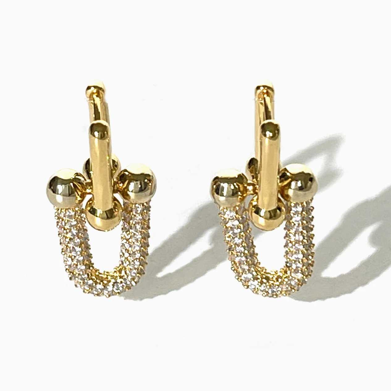 Perisbox statement Gold plated block U-shaped chain ring earrings with inlaid cubic zirconia fashionable accessoriesXJ250421