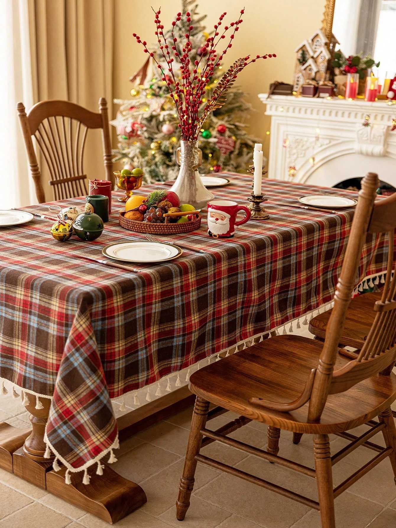 Christmas Plaid Tassel Plaid Tablecloth for Kitchen Wedding Banquet Holiday Dining Table Decoration Tablecloth C251122