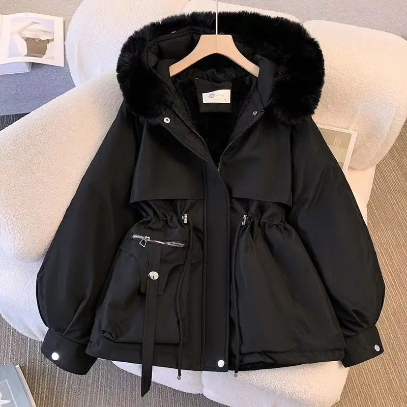 Short Parka Coat Women 2025 Korean Style Faux Fur Hooded Jacket Slim Fit Waist Belted Winter Fleece Lined Warm Y 251110
