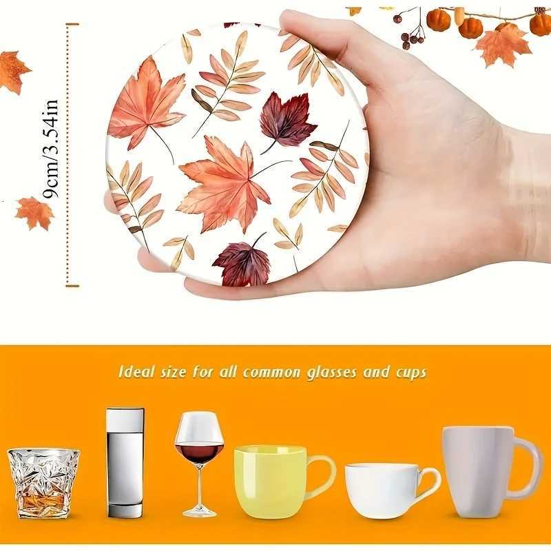6/12pcs 4in Golden Pumpkin Leaf Colour Printing Wooden Coasters Anti-slip Round Autumn Home Cafe Bar Halloween Decoration Gift C251122