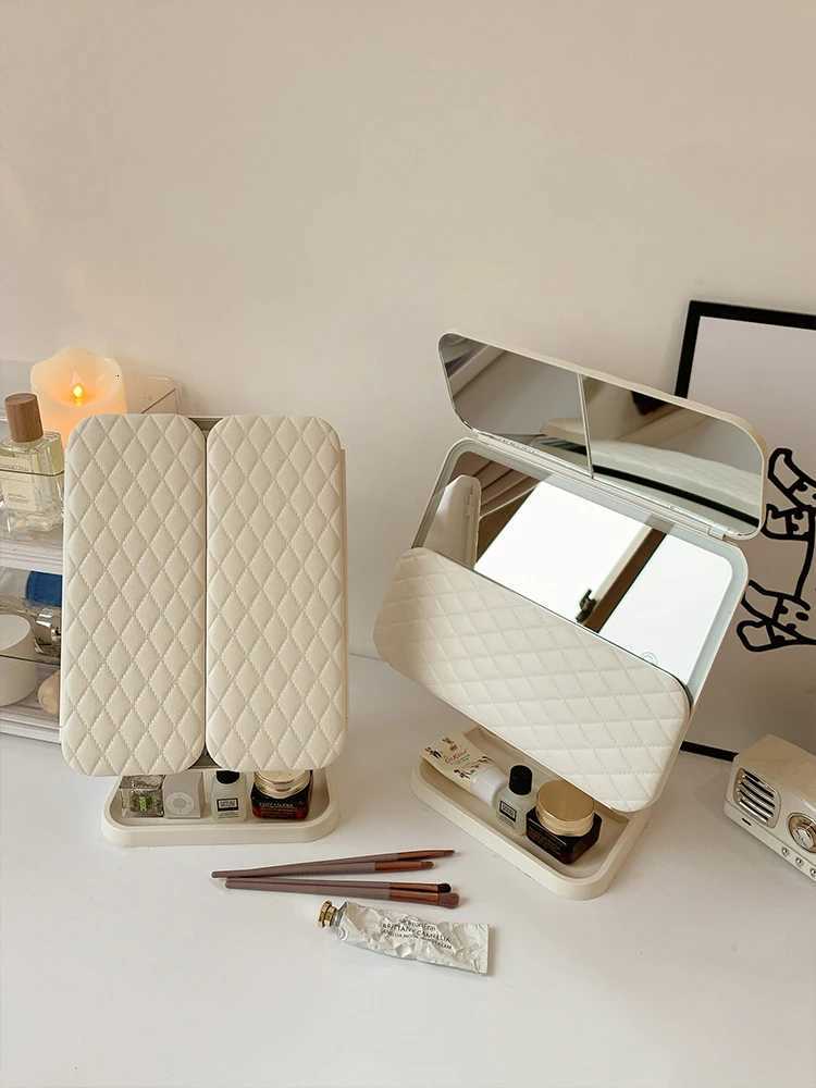 Shell double door LED makeup mirror with light storage box integrated desktop folding adjustable mirror for students M251122