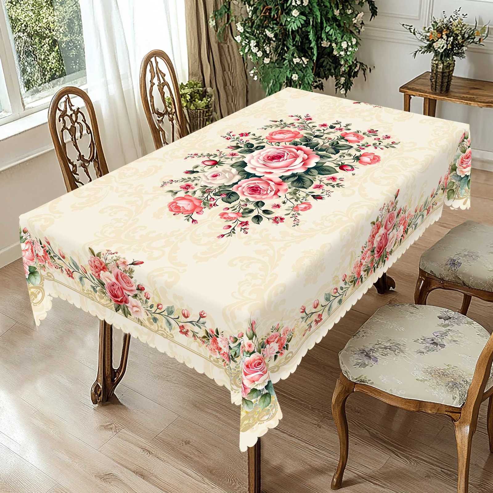 1 Piece of Retro Pink Rose Pattern Flower Tablecloth Spring and Summer Flower Decoration Party Supplies Machine Washable Tablecloth for Wedding C25112