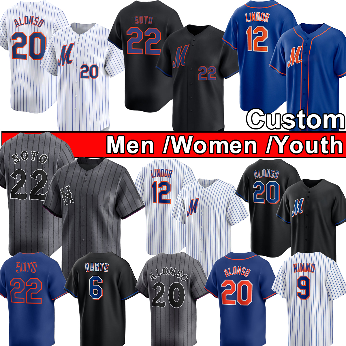 Juan Soto, Francisco Lindor, Pete Alonso, Mets Baseball Jerseys Jeff McNeil, Brandon Nimmo, Clay Holmes, Darryl Strawberry, Piazza, Winker, Alvarez Men Women Youth Jersey
