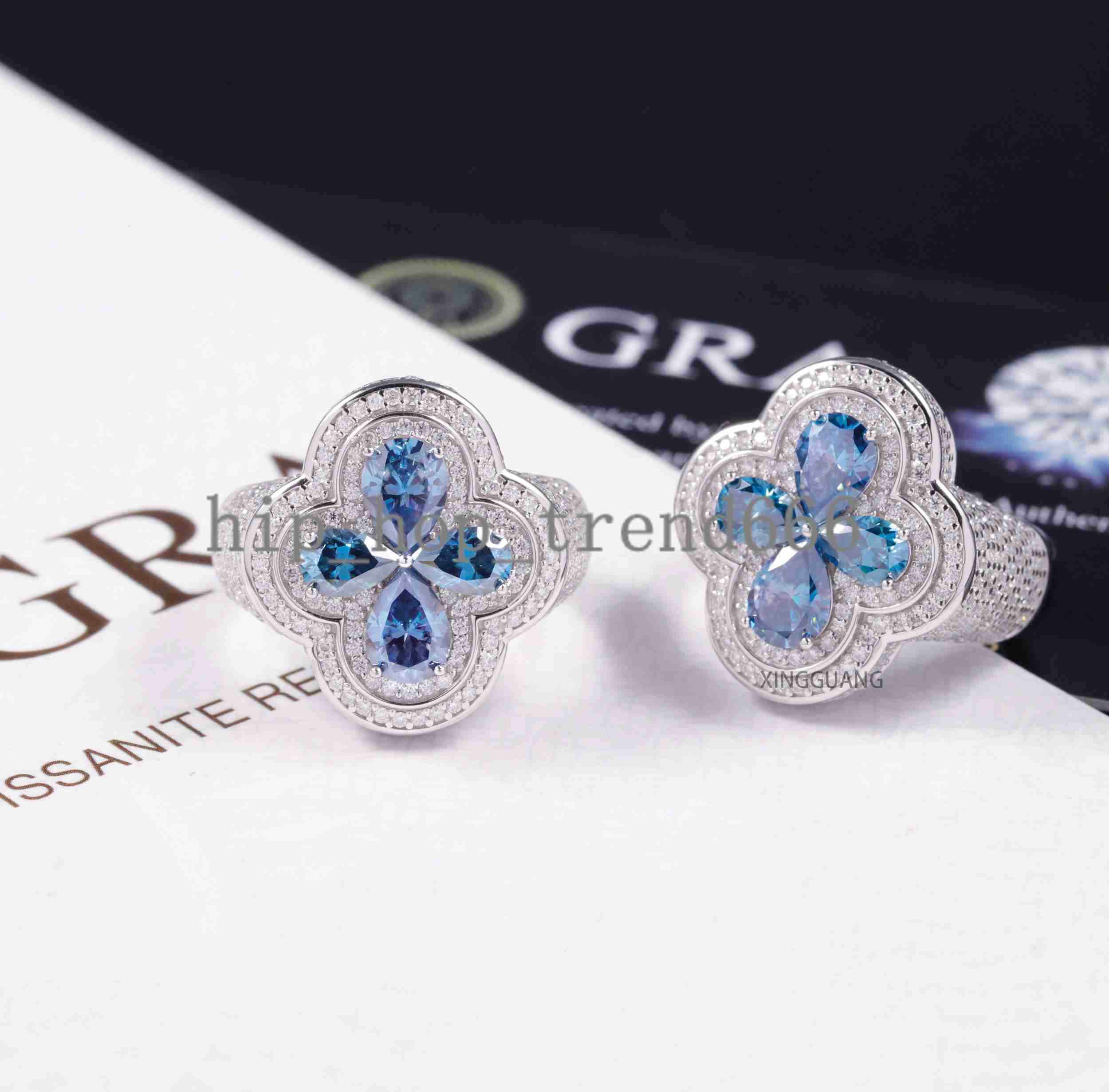 Hot Selling New Arrival Colours Moissanite Ring S925 Silver with D Color VVS Moissanite Ring Hip Hop Clover Ring
