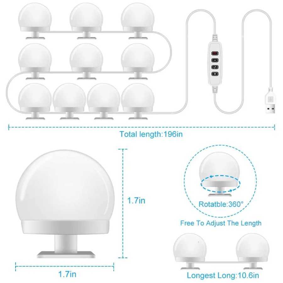 LED Professional Makeup Mirror Light for Bathroom Dressing Table Lamps USB Dimmable Mirror Front Lamps 3 Colors Vanity Lights M251122