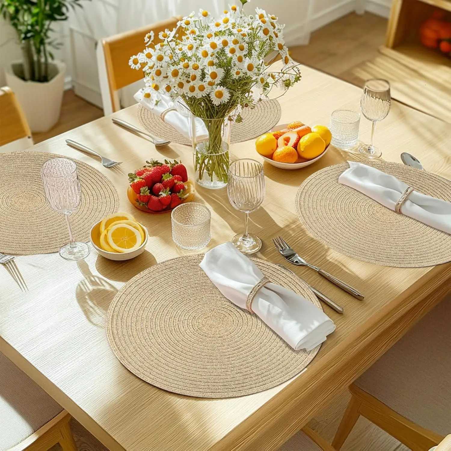 Placemats for Dining Table 6PC Linen Cotton Woven Non-slip Ironing Placemat Teacup Mat Round Plate mat Flower Mat Kitchenware C251122