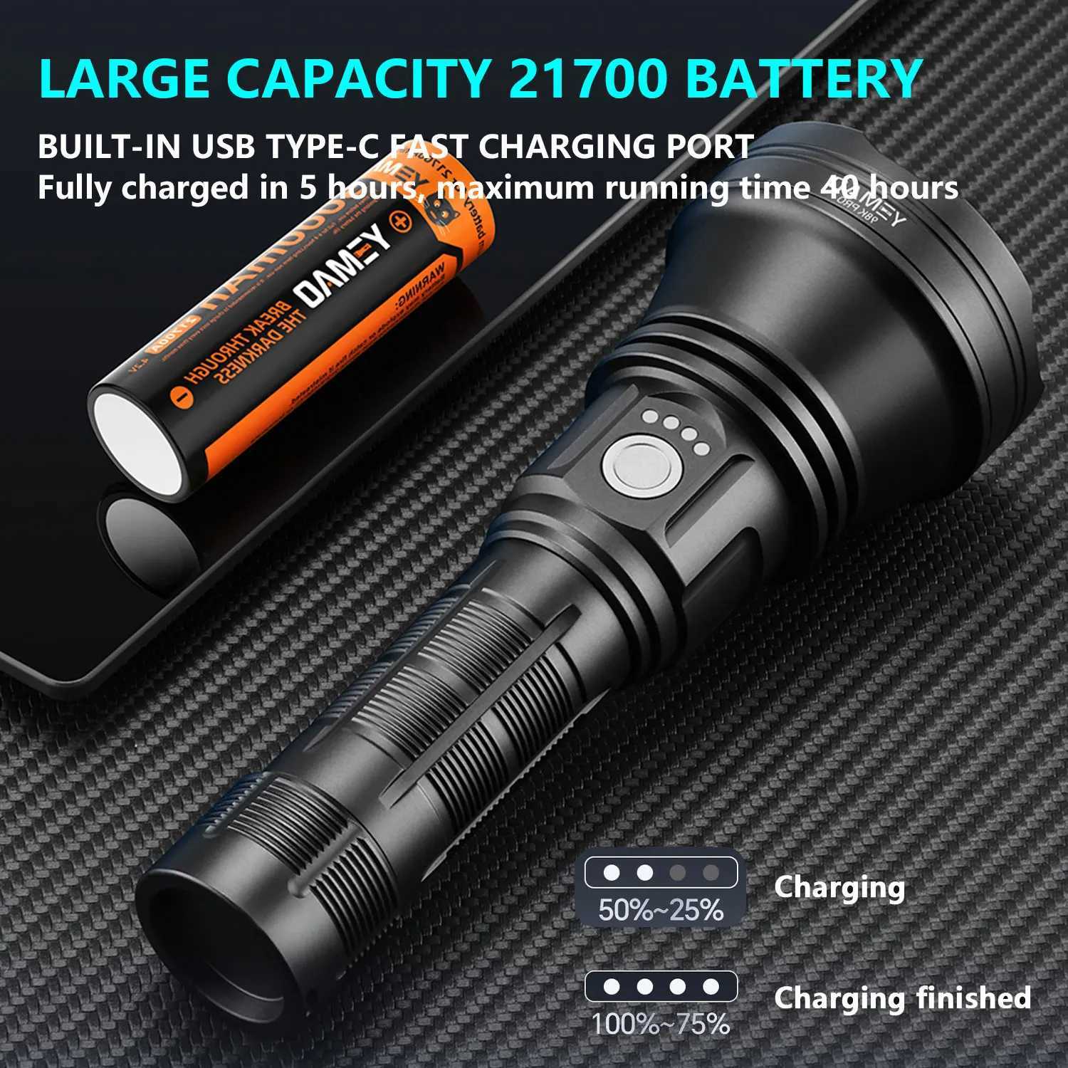 YEMAO 98KPro High Power Flashlight 2840LM 21700 battery Rechargeable LED Lantern 6 Modes W/Memory 900m Range tactical Flash lamp C251122