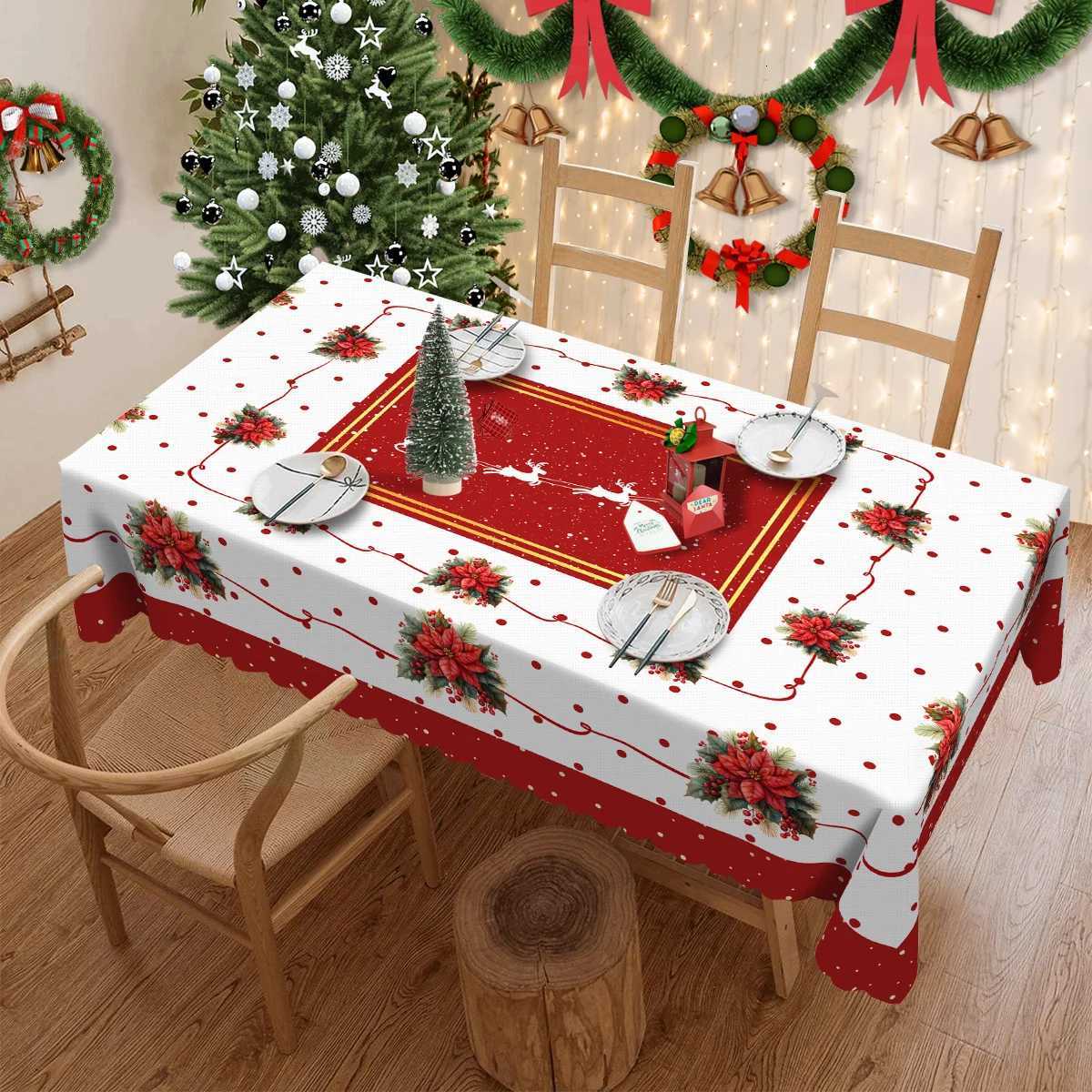 1 Piece Merry Christmas Red Ribbon Bouquet Tablecloth Elk Santa Claus Table Cover Holiday Tablecloth Tablecloth Home Decoration Christmas Decorations 