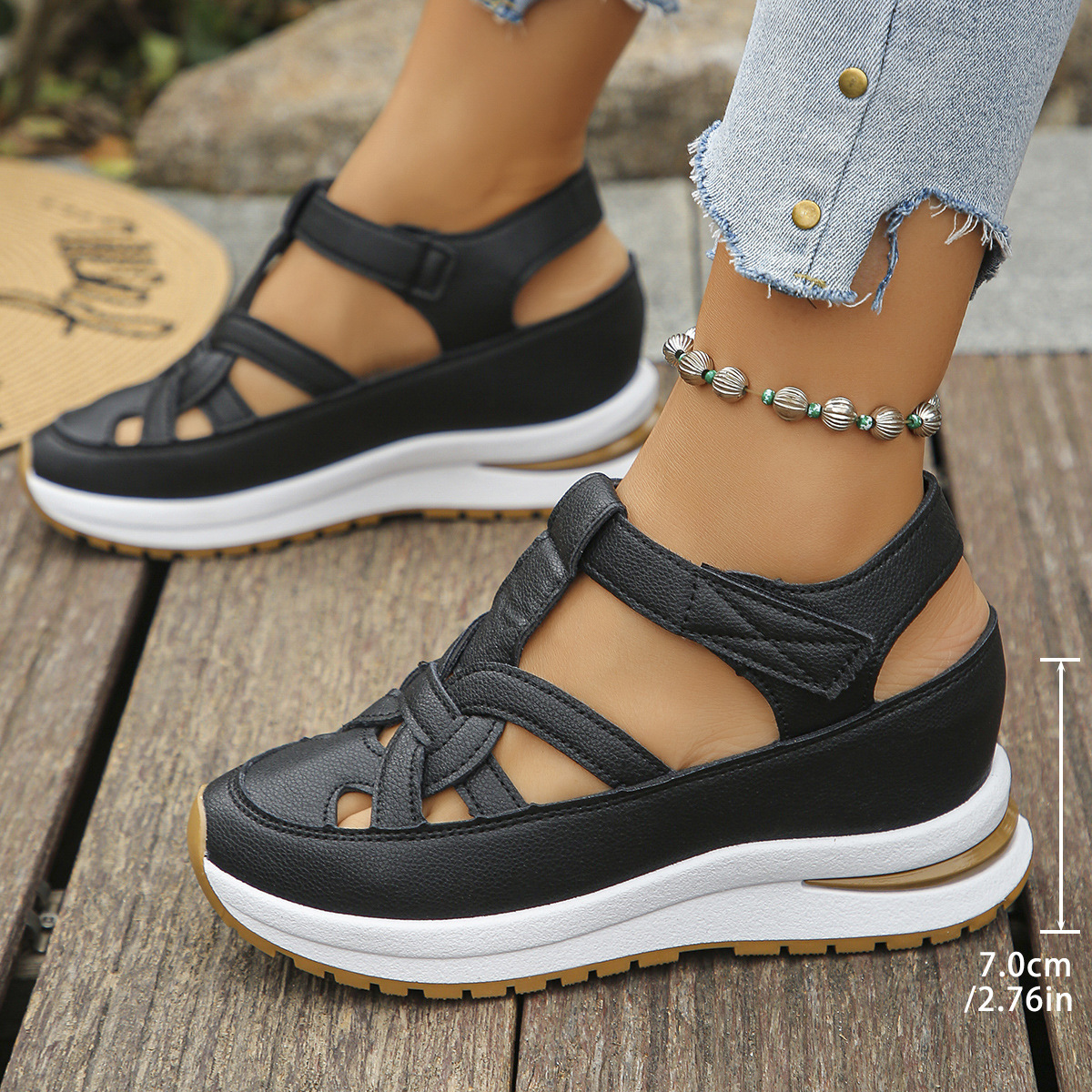 New Women Fashion Sandals Hollow-Out Wedge Platform Heel Round Toe Rubber Sole Casual Sports Shoes