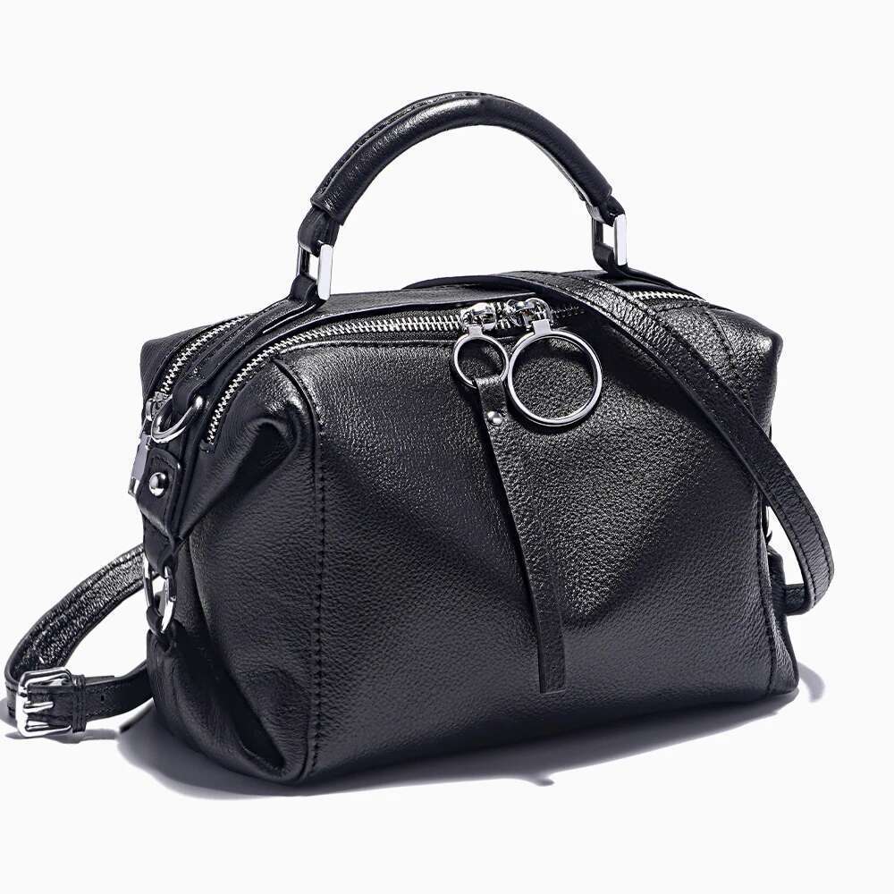 Zency Fashion Black White Shoulder Bag Women Genuine Leather Handbag Medium Size For Daily Life With Two Straps Bag