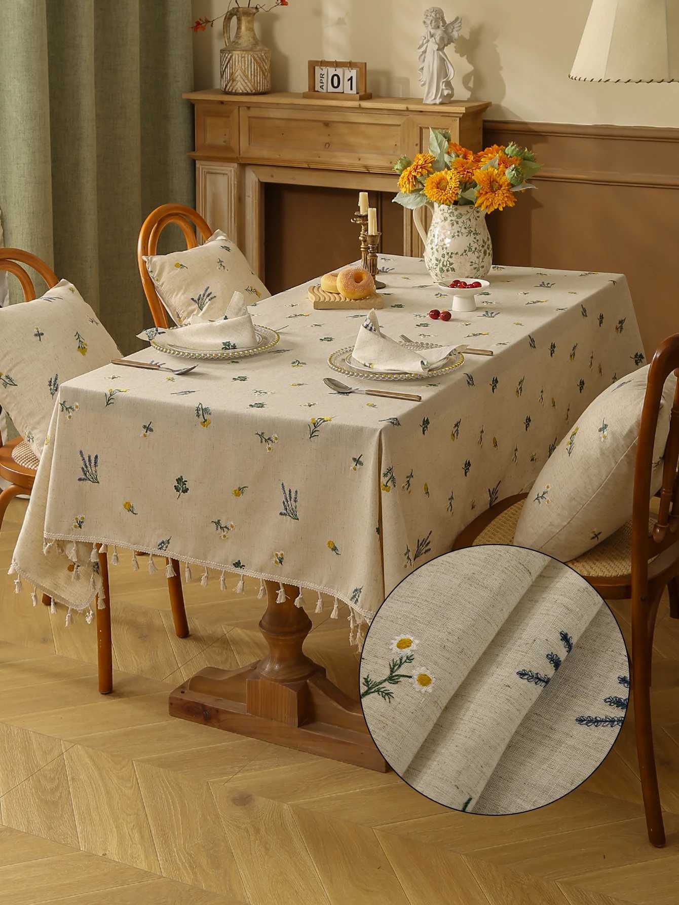 Linen Tablecloth with Embroidered Ear of Wheat for Kitchen Living Room Dining Table Festive Gathering Table Decor C251122