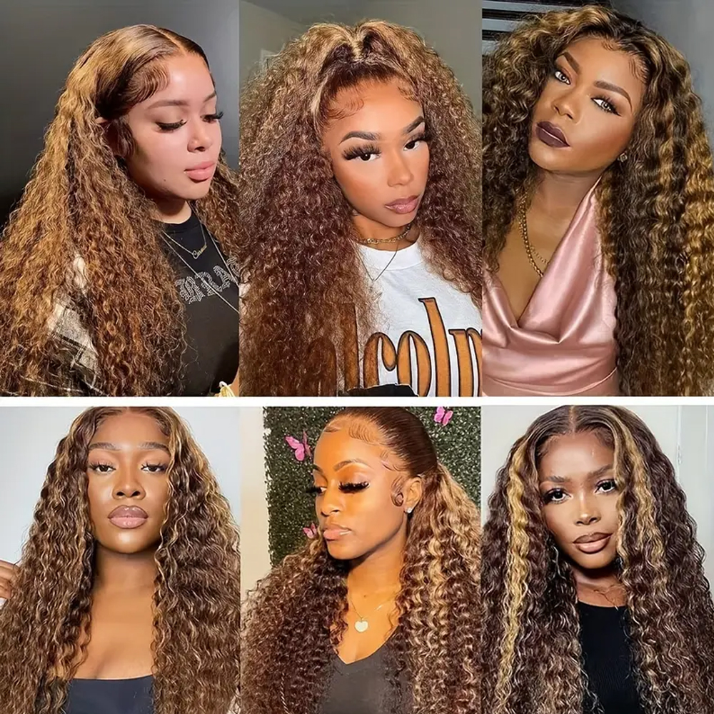 Invisible Strap 360 Full Lace Front Wig Honey Blonde Highlight Deep Curly 360 HD Frontal Wig Deep Wave Glueless Wig Human Hair