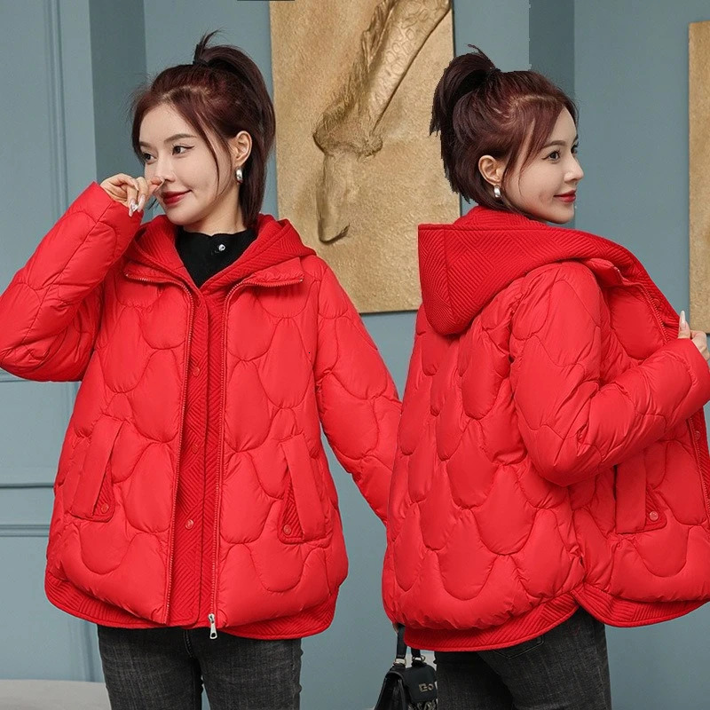 Winter Hooded Cotton Jacket Womens Short Twopiece Loose Thick Parka Coat 251110