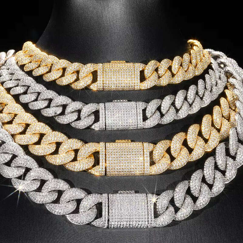 Luxurious VVs Moissanite Full Iced Cuban Chain Hip-Hop Real Gold-Plated Bracelet with Female Box Clasp