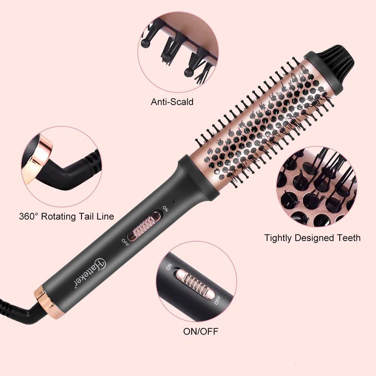 Hatteker Cylinder Electric Curling Brush Home Heated Brush for Short/Long Hair Inward Curls Anti-Frizz Quick-Style DesignT251122