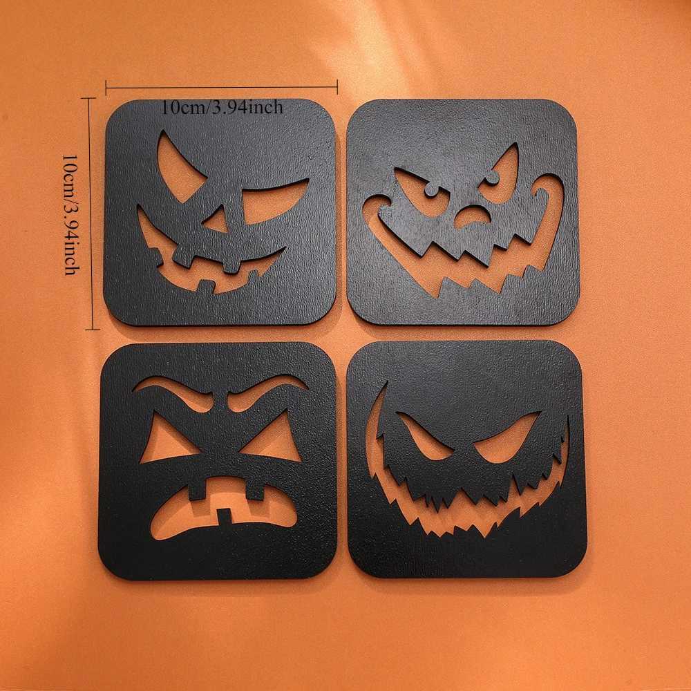 4-Piece Set of Black White Pumpkin-Shaped Wooden Coasters Halloween Collection for Home Bar Decor C251122