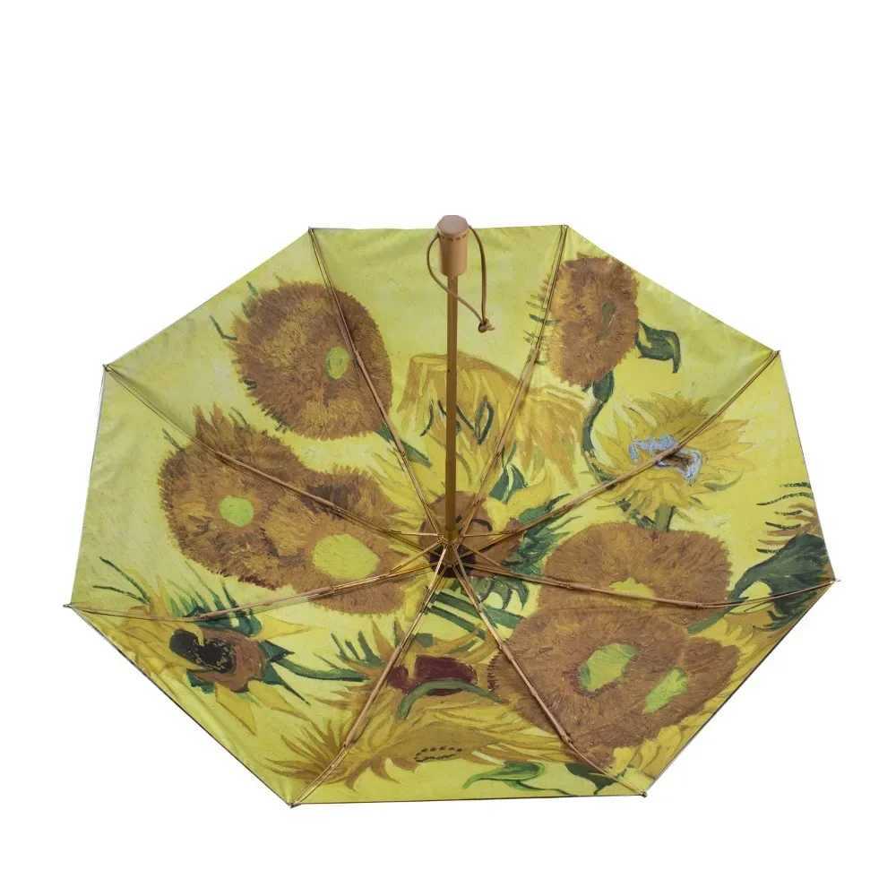 Small Fresh Umbrella Oil Painting Automatic Folding Umbrella Female Paraguas Van Gogh Oil Painting Umbrella Rain Quality ParasolM251122