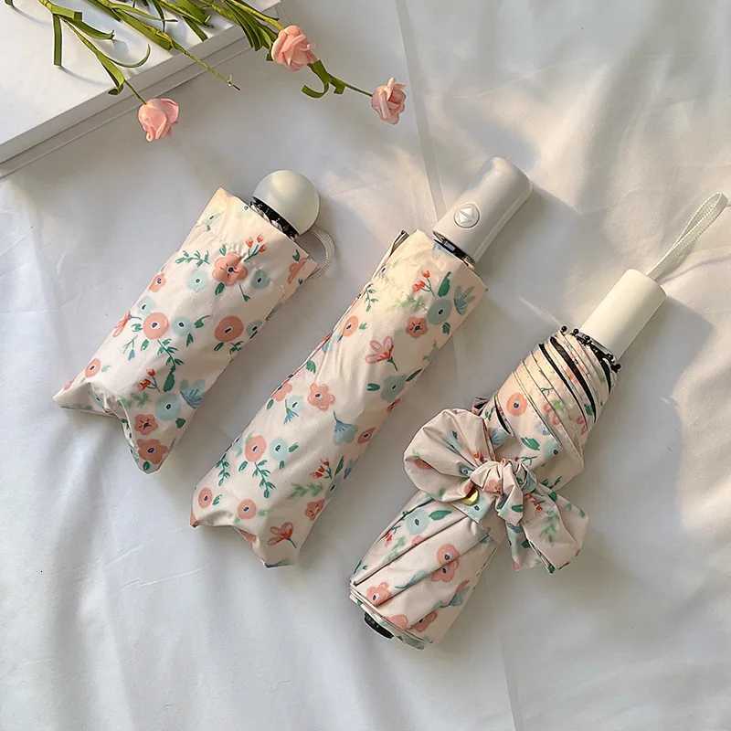 Automatic Manual Sun Umbrella for Both Sunny and Rainy Use Small Floral Black Glue Sun Protection Umbrella Compact and PortableM251122