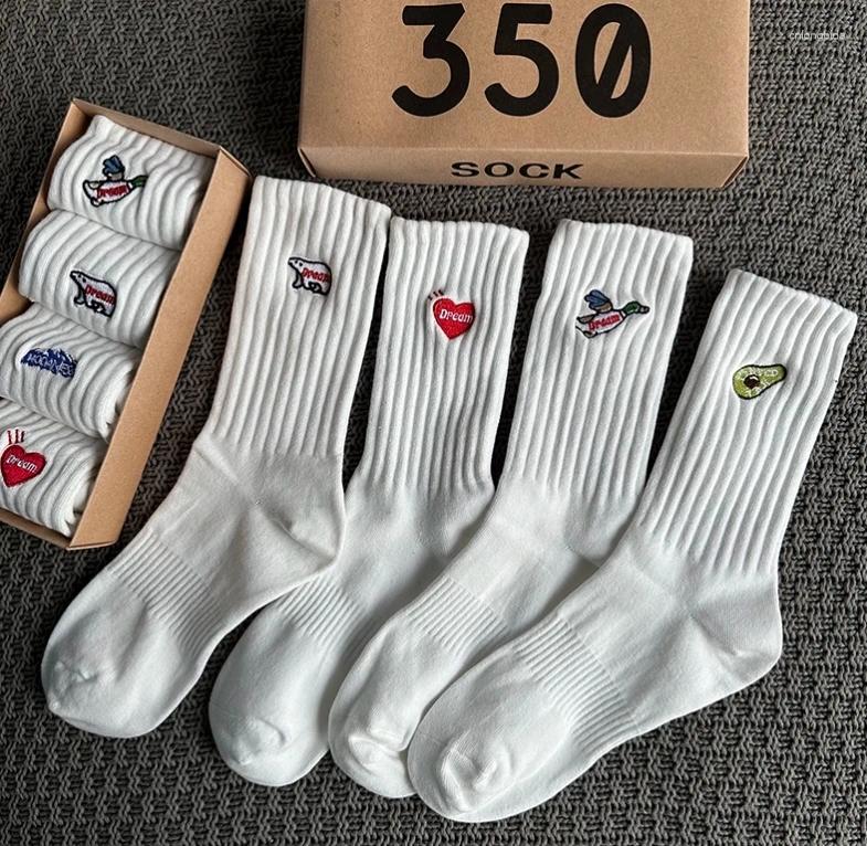 Men's Socks 4Pairs/Box Women's Gift Box Spring Summer Fashion Embroidery Items Funny Gifts Black Middle Tube