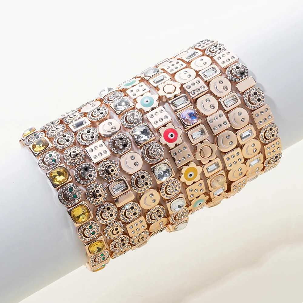 2024 Design Enamel Happy Face Inlaid Dimond Bracelet Womens Gold Dice Bead Elastic Bracelet Boho Jewelry Accessories Z250421