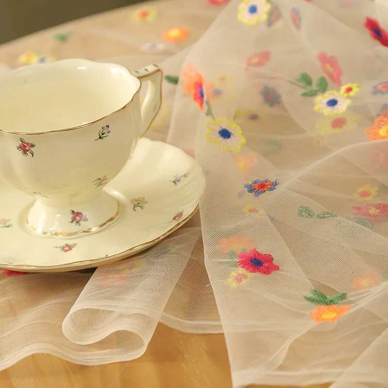 New Style Colorful Embroidered Flower Tablecloth Mesh Lace Fabric Soft Tulle Fabric for Wedding Dining Dresser Table Decor C251122