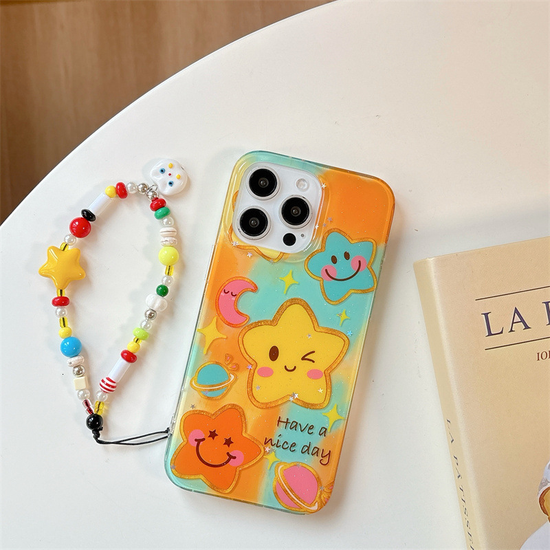 Gradient Moon Smiley Star Phone Case Compatible iPhone 16/15 Pro Max/ with Handheld Chain iPhone 14/13