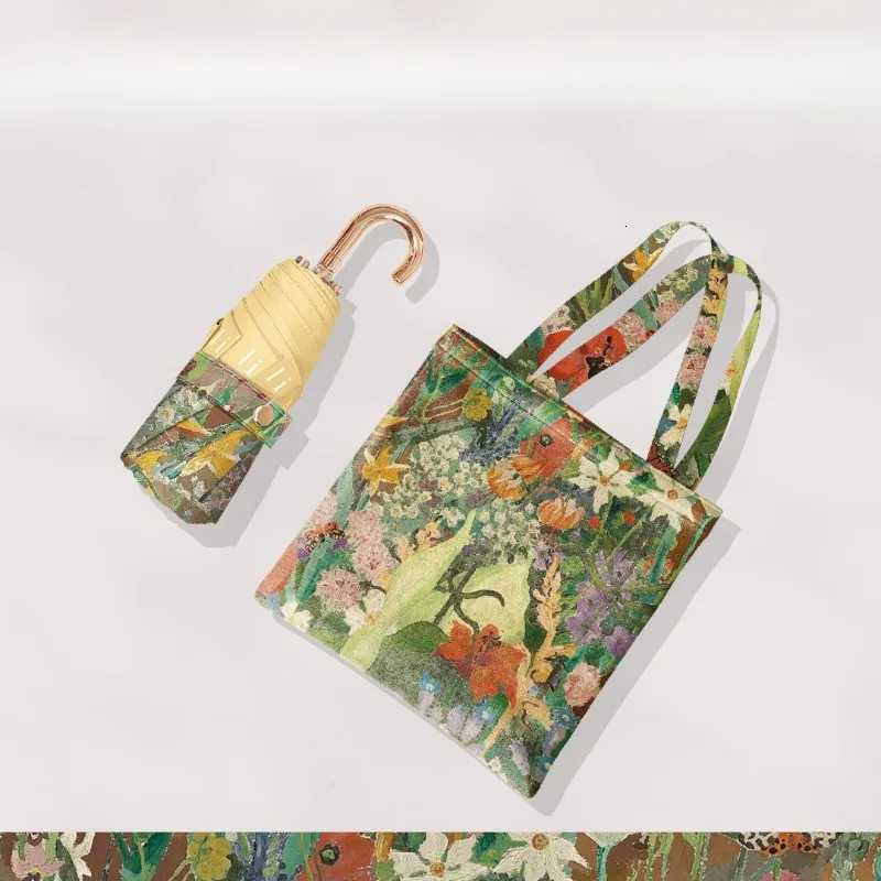 French Oil Painting Small Gold Hook Parasol Anti-ultraviolet Female Fair or Rain Umbrella Sun Umbrella Small and PortableM251122