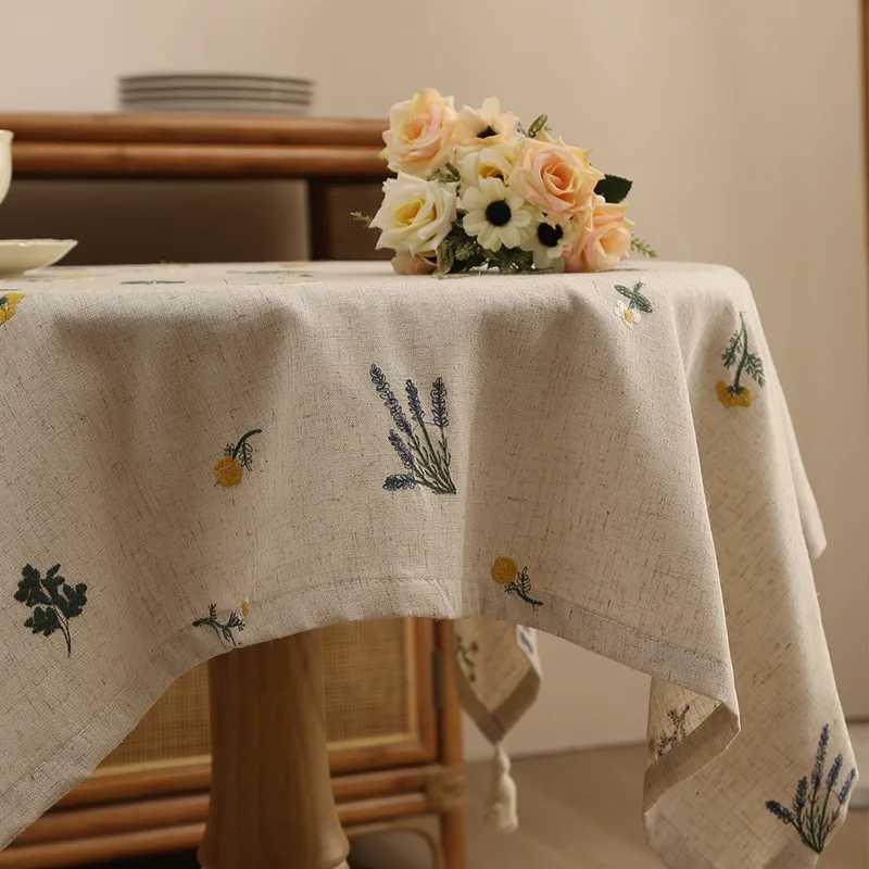 Linen Tablecloth with Embroidered Ear of Wheat for Kitchen Living Room Dining Table Festive Gathering Table Decor C251122