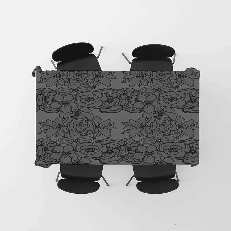 Modern Floral Tablecloth with Black Decorative Print Suitable for Dining Tables in a Contemporary Home Setting C251122