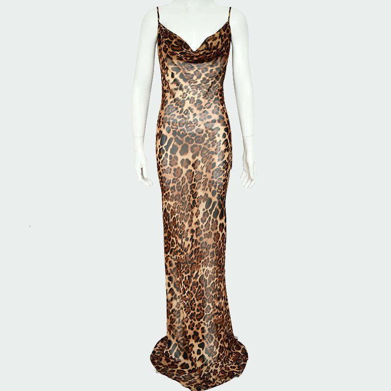 Hot selling European American spring and summer women's long dress with suspender, backless, slim fit leopard print evening dress, 2025 new casua