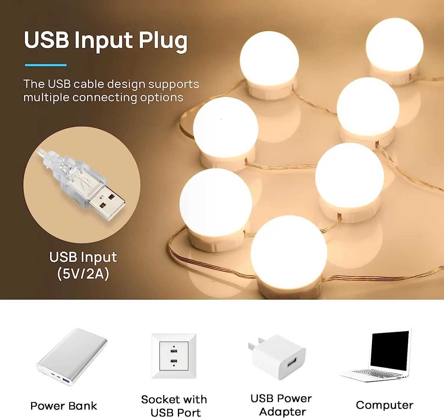 LED Vanity USB Makeup Light for Mirror with 10 Dimmable Bulbs Three Color Changes Adjustable Angle for Bathroom Table Bedroom M251122