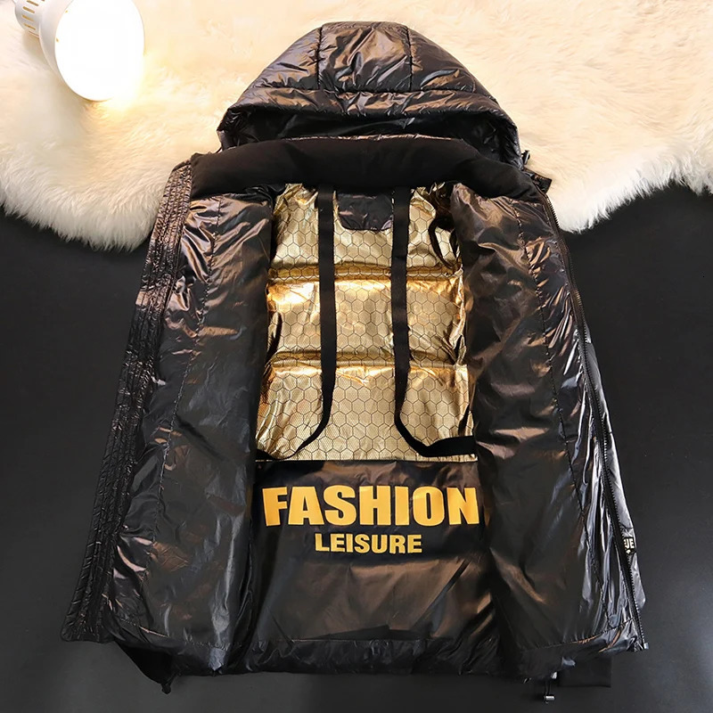 Winter Warm Jacket Mens Trendy Black Gold Bright Waterproof Parka Short Casual Down Cotton Padded Coat man padded 251110
