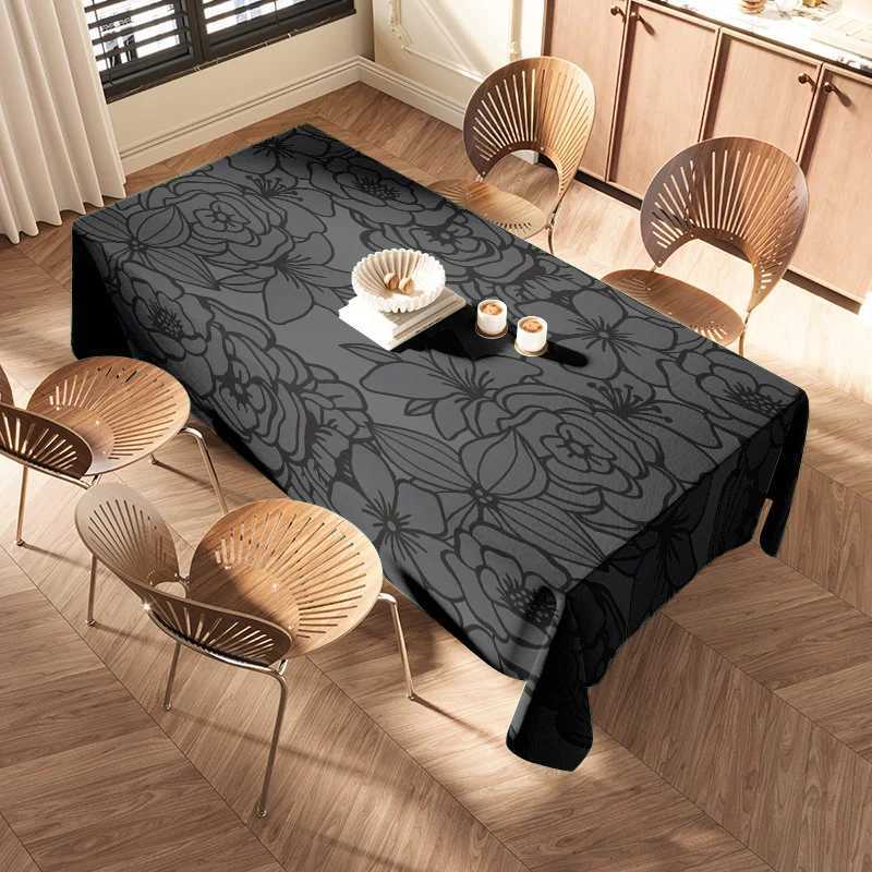 Modern Floral Tablecloth with Black Decorative Print Suitable for Dining Tables in a Contemporary Home Setting C251122