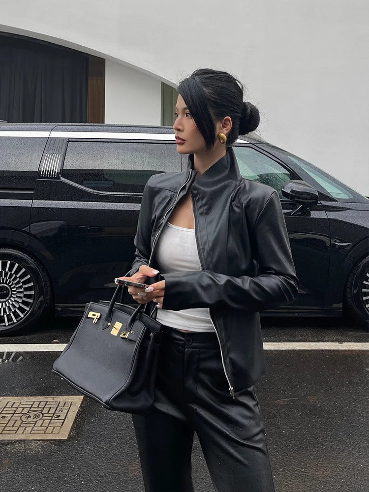 Black Spicy Girl PU Leather Jacket Womens 2024 Autumn Slim Zipper Long Sleeve Cardigan Top Suede Fashion BRQ8 251114