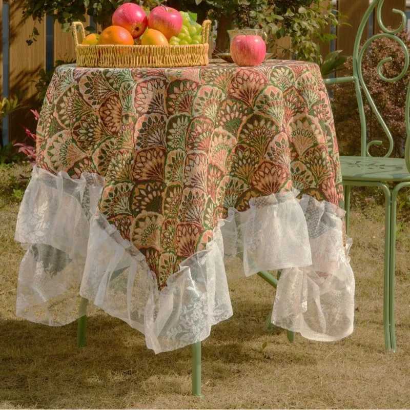 1PC Tablecloth Jacquard Green Flower Camping Outdoor Tablecloth Lace Ruffle Edge Multi-purpose Cover Bedside Table C251122