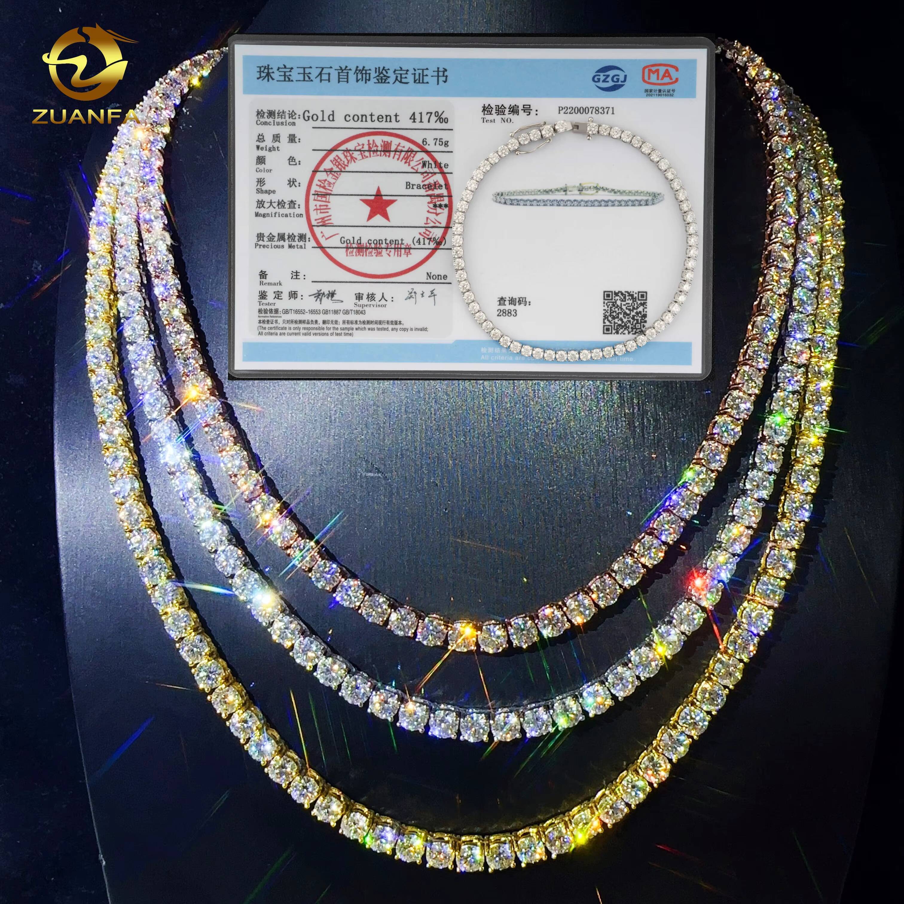 Custom Hip Hop Tennis Necklace Jewelry 925 Sterling Silver White Gold Plated 3mm Moissanite Diamond Tennis Chain